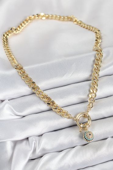 Pirinç Zirkon Taşlı Nazar Boncuk Detaylı Klasik Zincir Model Gold Renk Kadın Kolye - TJ-BKO10482