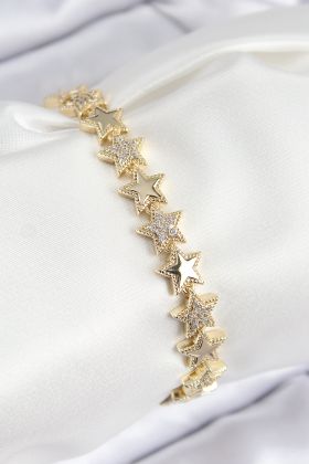 VIP Pirinç Zirkon Taşlı Yıldız Model Gold Renk Kadın Bileklik - TJ-BB7768
