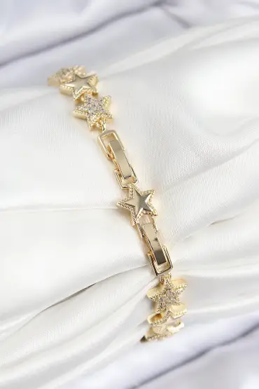 VIP Pirinç Zirkon Taşlı Yıldız Model Gold Renk Kadın Bileklik - TJ-BB7768