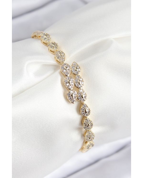 VIP Pirinç Zirkon Taşlı Sıralı Damla Model Gold Renk Kadın Bileklik - TJ-BB7769