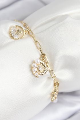 Pirinç Zirkon Taşlı Deniz Kabuğu Model Gold Renk Kadın Bileklik - TJ-BB7772