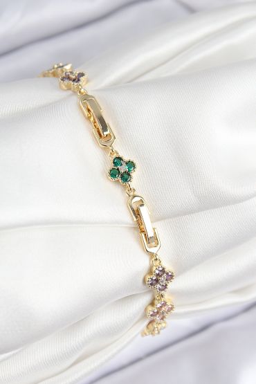 VIP Pirinç Renkli Zirkon Taşlı Yonca Model Gold Renk Kadın Bileklik - TJ-BB7781