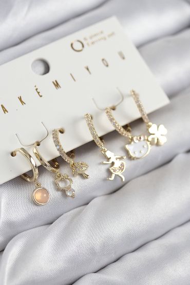 Pirinç Zirkon Taşlı Hello Kity Ve Yonca Model Gold Renk 6'lı Küpe Set - TJ-BKP11206