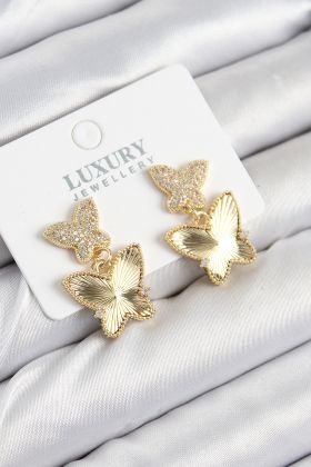 Pirinç Zirkon Taşlı Kelebek Model Gold Renk Kadın Küpe - TJ-BKP11209
