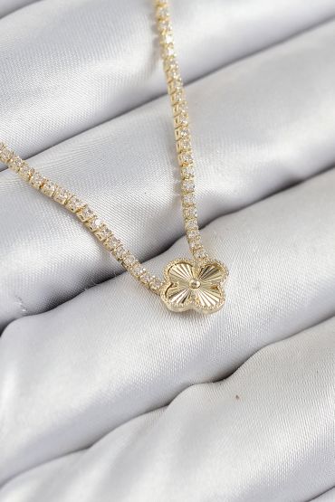 Pirinç Zirkon Taşlı Yonca Model Gold Renk Kadın Kolye - TJ-BKO10490