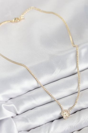 Pirinç Zirkon Taşlı Yonca Model Gold Renk Kadın Kolye - TJ-BKO10490