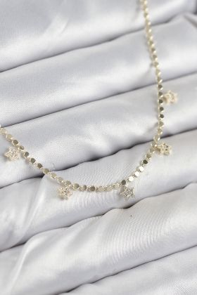 Pirinç Zirkon Taşlı Yıldızlı Ezme Zincir Model Gold Renk Kadın Kolye - TJ-BKO10491