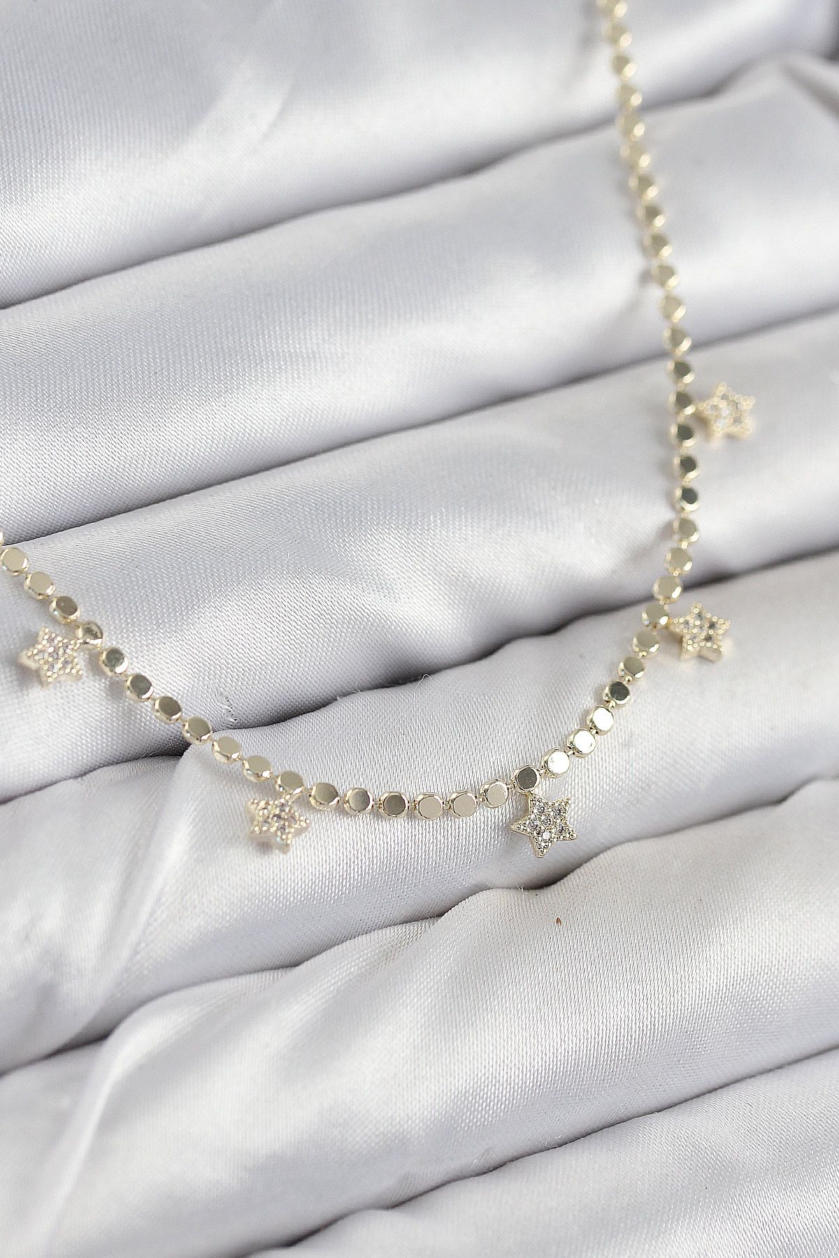 Pirinç Zirkon Taşlı Yıldızlı Ezme Zincir Model Gold Renk Kadın Kolye - TJ-BKO10491