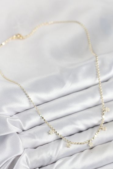 Pirinç Zirkon Taşlı Yıldızlı Ezme Zincir Model Gold Renk Kadın Kolye - TJ-BKO10491