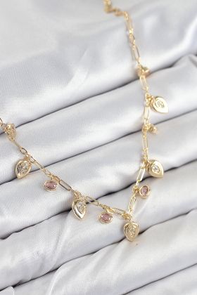 Pirinç Zirkon Taşlı Sallantılı Damla Model Gold Renk Kadın Kolye - TJ-BKO10492