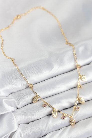 Pirinç Zirkon Taşlı Sallantılı Damla Model Gold Renk Kadın Kolye - TJ-BKO10492