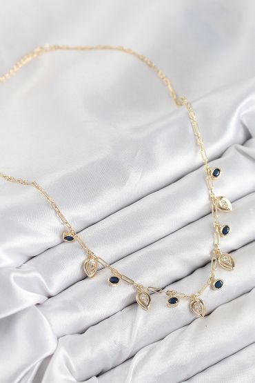 Pirinç Zirkon Taşlı Sallantılı Damla Model Gold Renk Kadın Kolye - TJ-BKO10494