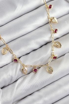 Pirinç Zirkon Taşlı Sallantılı Damla Model Gold Renk Kadın Kolye - TJ-BKO10495