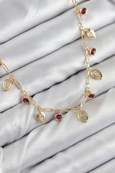 Pirinç Zirkon Taşlı Sallantılı Damla Model Gold Renk Kadın Kolye - TJ-BKO10495