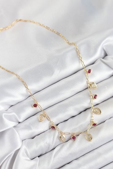 Pirinç Zirkon Taşlı Sallantılı Damla Model Gold Renk Kadın Kolye - TJ-BKO10495