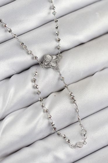 Pirinç Zirkon Taşlı Yonca Model Gümüş Renk Kadın Y Kolye - TJ-BKO10498