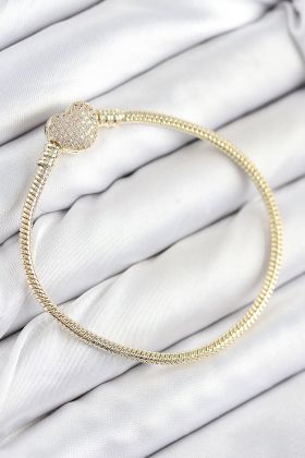 Pirinç Charm Zirkon Taşlı Kalp Model Gold Renk Kadın Bileklik - TJ-BB7809