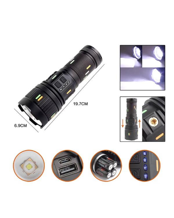 Pro F-3001 Alüminyum TG LED Güç Göstergeli Type-C Şarjlı El Feneri 100 W