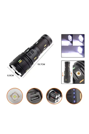 Pro F-3001 Alüminyum TG LED Güç Göstergeli Type-C Şarjlı El Feneri 100 W