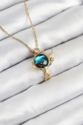 316L Çelik Zirkon Taşlı Gezegen Model Gold Renk Kadın Kolye - TJ-BKO10507