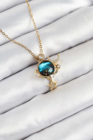 316L Çelik Zirkon Taşlı Gezegen Model Gold Renk Kadın Kolye - TJ-BKO10507