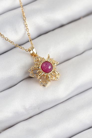 316L Çelik Zirkon Taşlı Döner Güneş Model Gold Renk Kadın Kolye - TJ-BKO10510