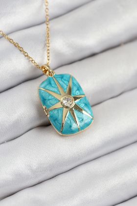 316L Çelik Zirkon Taşlı Açılabilr Kapaklı Kutup Yıldzı Model Gold Renk Kadın Kolye - TJ-BKO10517