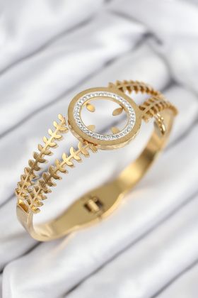316L Çelik Zirkon Taşlı Çeyrek Takılabilir Gold Renk Kelepçe - TJ-BB7820