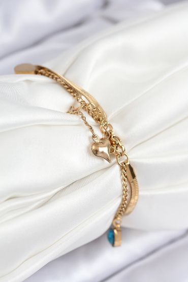 316L Çelik Nazar Boncuk Detaylı Mavi Zirkon Taşlı Model İtalyan Zincir Gold Renk Kadın Bileklik - TJ-BB7828