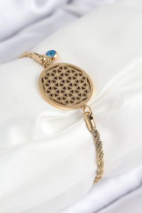 316L Çelik Nazar Boncuğu Detaylı Yaşam Çiçeği Model Gold Renk Kadın Bileklik - TJ-BB7838