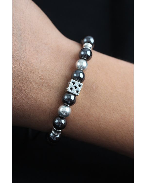 Doğal Taş Zar Model Gümüş Ve Füme Renk Asansörlü Erkek Bileklik - TJ-EB3759