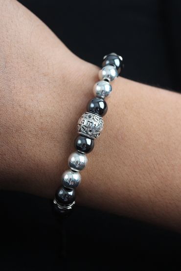 Doğal Taş Family Model Gümüş Ve Füme Renk Asansörlü Erkek Bileklik - TJ-EB3760