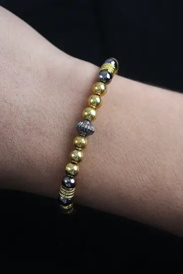 Doğal Taş Çember Model Gold Ve Füme Renk Asansörlü Erkek Bileklik - TJ-EB3761