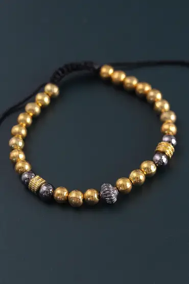Doğal Taş Çember Model Gold Ve Füme Renk Asansörlü Erkek Bileklik - TJ-EB3761