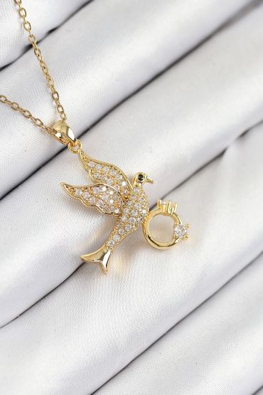 316L Çelik Zirkon Taşlı Yüzüklü Kuş Model Gold Renk Kadın Kolye - TJ-BKO10521