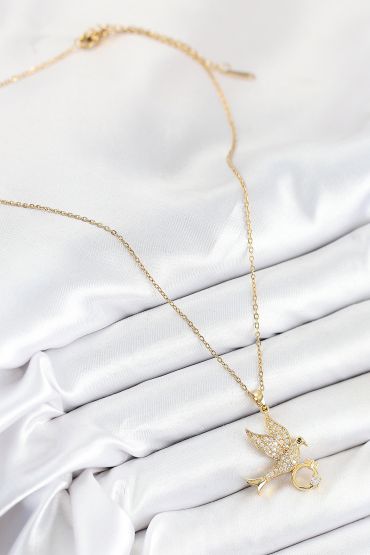 316L Çelik Zirkon Taşlı Yüzüklü Kuş Model Gold Renk Kadın Kolye - TJ-BKO10521