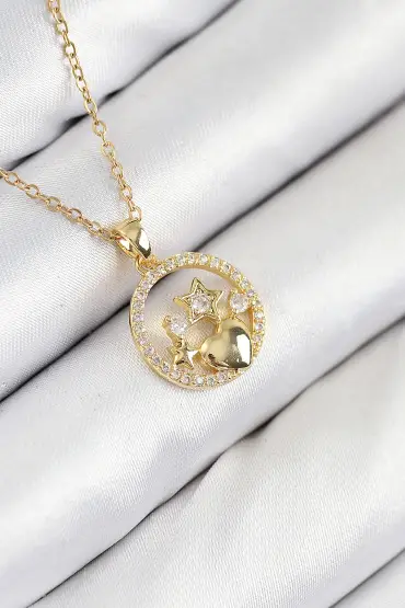 316L Çelik Zirkon Taşlı Yıldız Ve Kalp Model Gold Renk Kadın Kolye - TJ-BKO10522