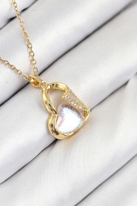 316L Çelik Zirkon Taşlı Kalp Model Gold Renk Kadın Kolye - TJ-BKO10523