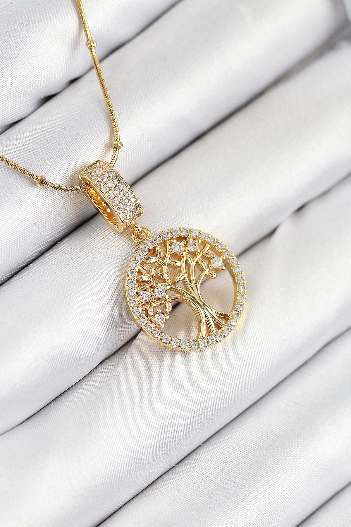 316L Çelik Zirkon Taşlı Hayat Ağacı Model Gold Renk Kadın Kolye - TJ-BKO10525