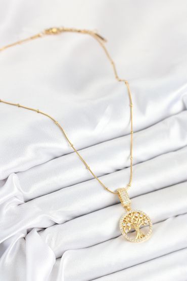316L Çelik Zirkon Taşlı Hayat Ağacı Model Gold Renk Kadın Kolye - TJ-BKO10525