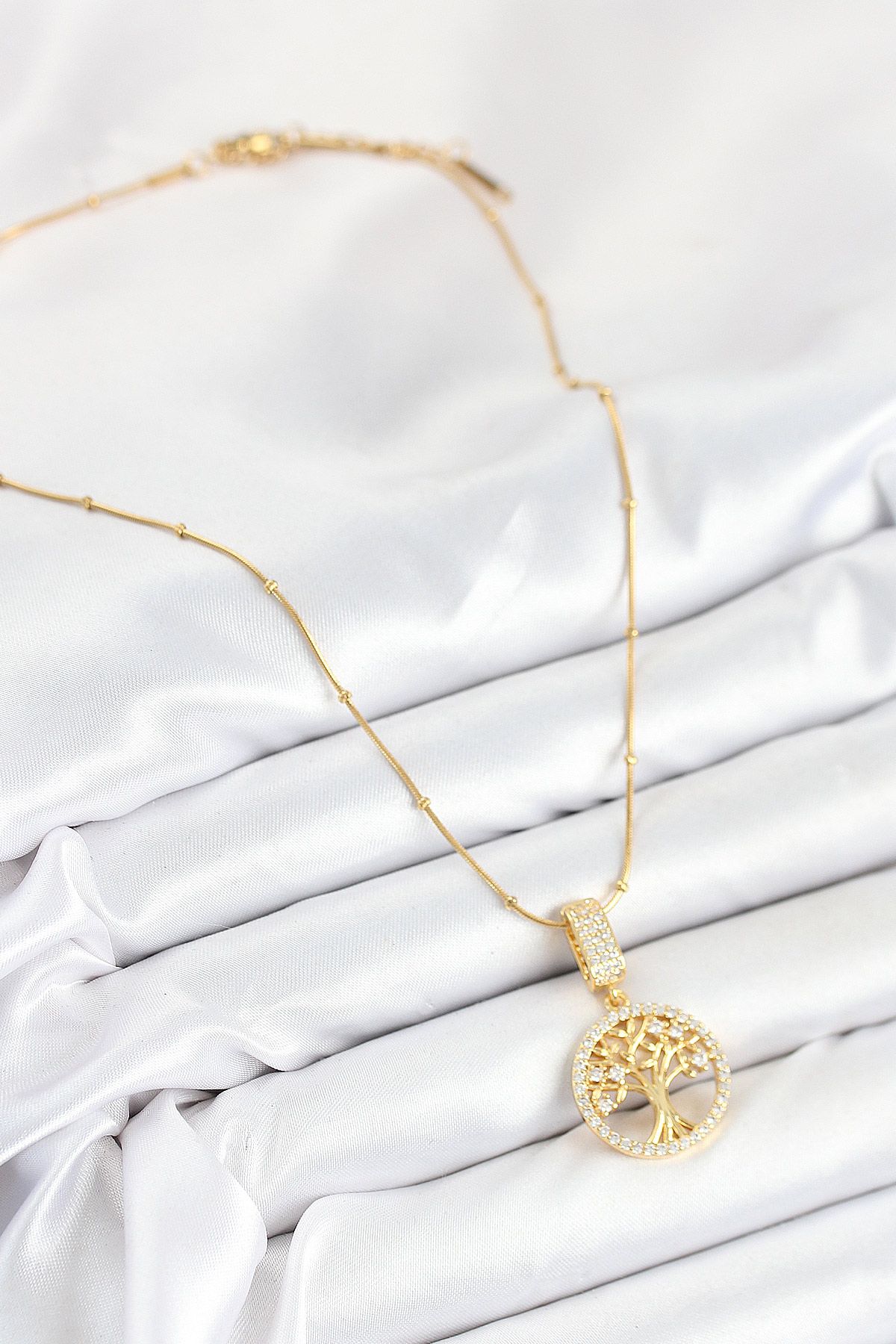 316L Çelik Zirkon Taşlı Hayat Ağacı Model Gold Renk Kadın Kolye - TJ-BKO10525