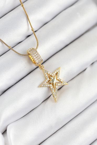 316L Çelik Zirkon Taşlı Yıldız Model Gold Renk Kadın Kolye - TJ-BKO10526