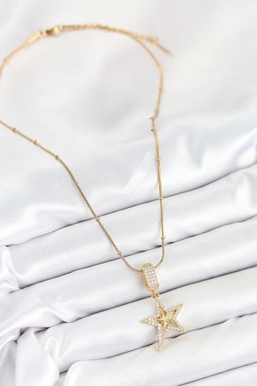 316L Çelik Zirkon Taşlı Yıldız Model Gold Renk Kadın Kolye - TJ-BKO10526