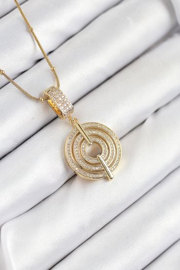 316L Çelik Zirkon Taşlı Çember Model Gold Renk Kadın Kolye - TJ-BKO10527