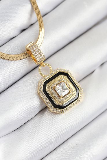 316L Çelik Zirkon Taşlı Siyah Detaylı Baget Model Gold Renk Kadın Kolye - TJ-BKO10529