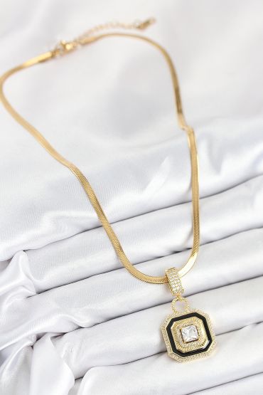 316L Çelik Zirkon Taşlı Siyah Detaylı Baget Model Gold Renk Kadın Kolye - TJ-BKO10529