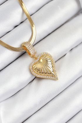 316L Çelik Zirkon Taşlı Kalp Model Gold Renk Kadın Kolye - TJ-BKO10530