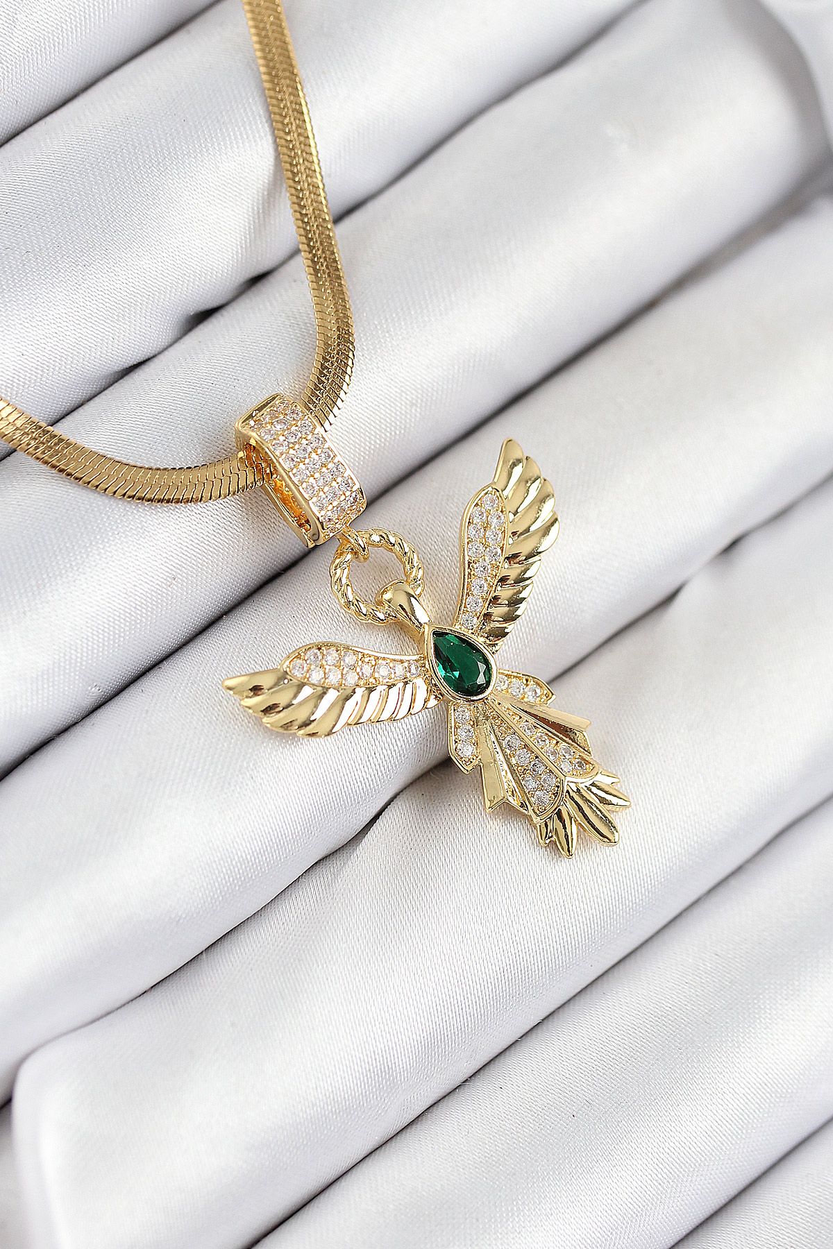 316L Çelik Zirkon Taşlı Melek Model Gold Renk Kadın Kolye - TJ-BKO10531