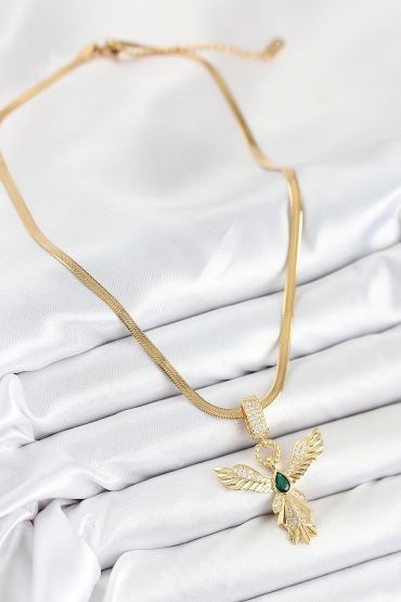 316L Çelik Zirkon Taşlı Melek Model Gold Renk Kadın Kolye - TJ-BKO10531
