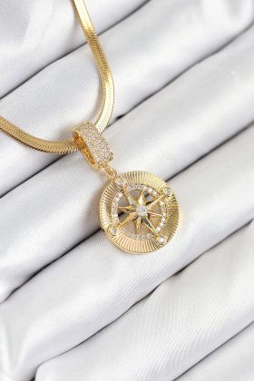 316L Çelik Zirkon Taşlı Pusula Model Gold Renk Kadın Kolye - TJ-BKO10532
